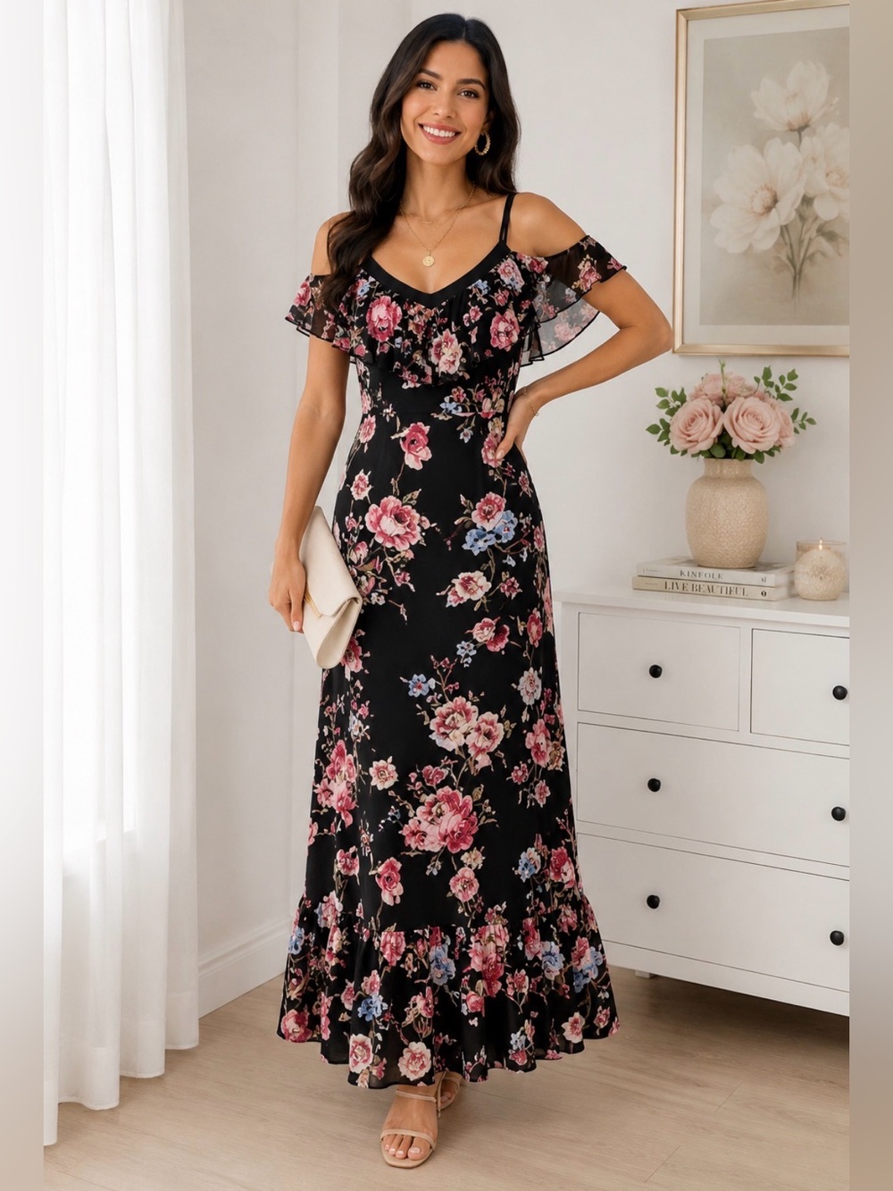 WHBM‎ Floral Maxi Dress 6 Black Pink Cold Shoulder Ruffle Cottagecore Whimsigoth